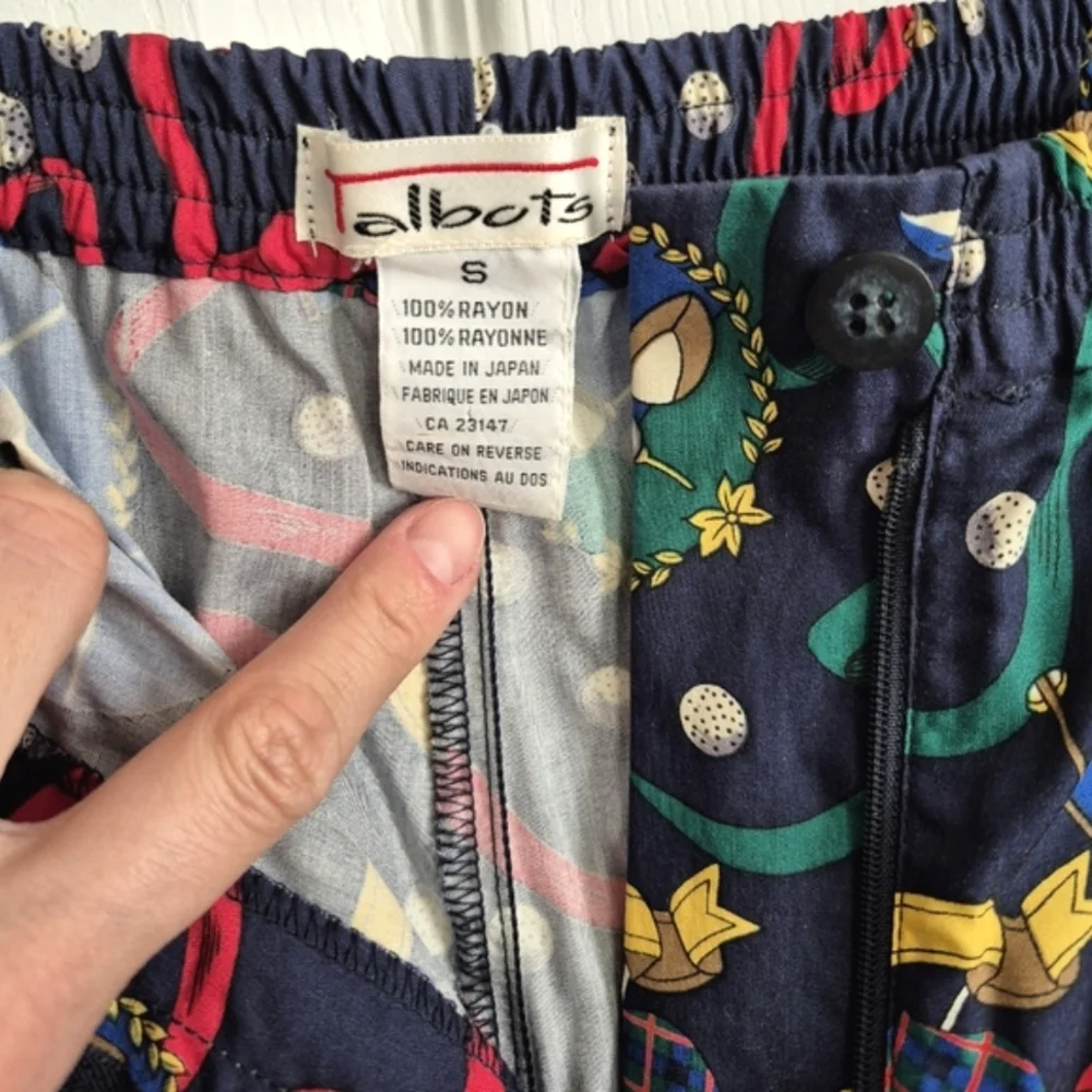 Vintage Talbots Fun Golf‎ Print Pants Navy Blue Cropped Rayon Women's Small